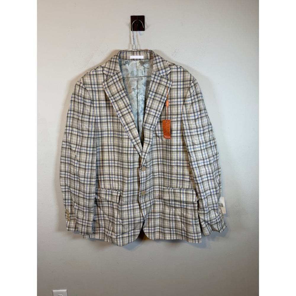 Tallia Mens Blazer 100% Linen Plaid Tan Blue 44R NWT